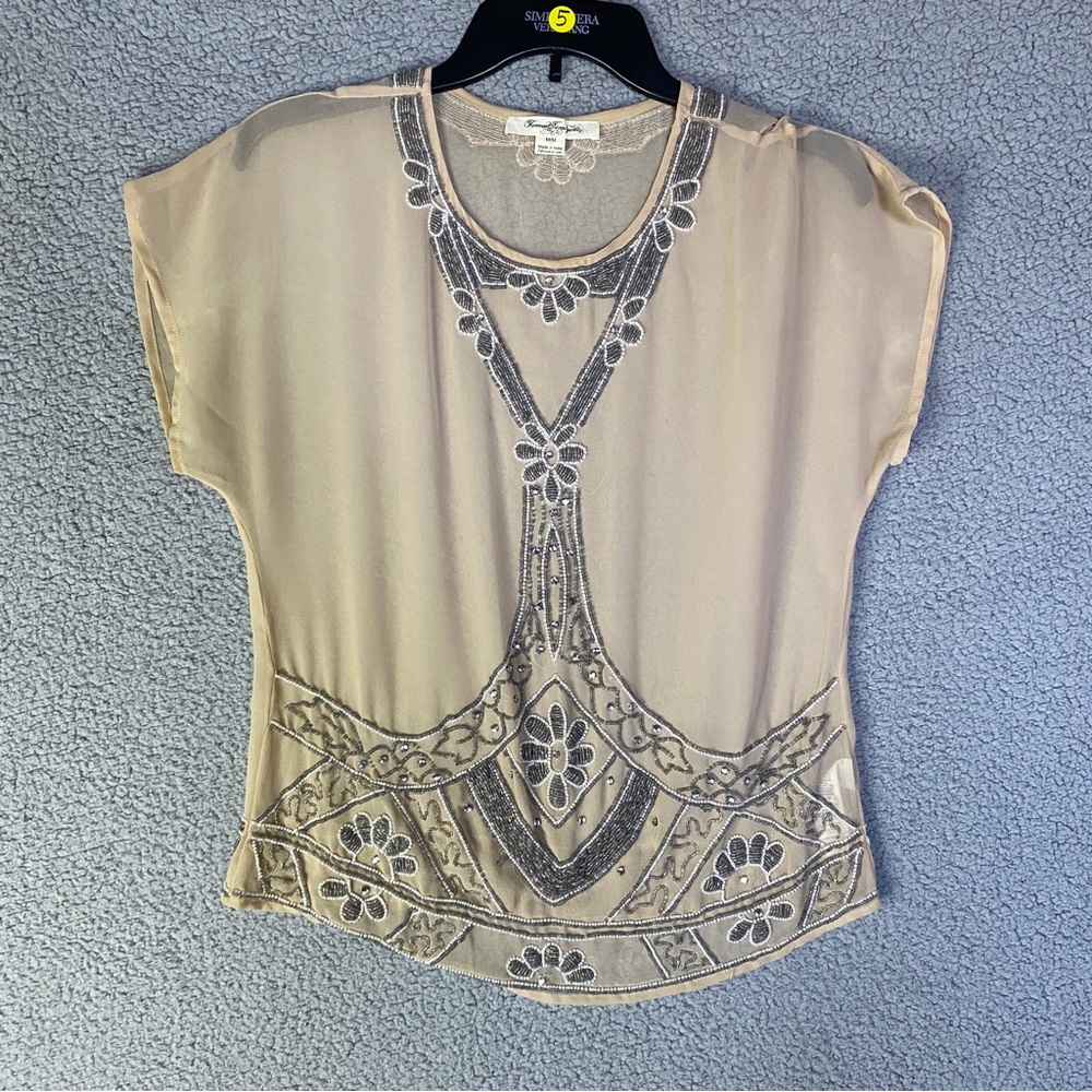 R Forever twenty one Womens Sparkle Bedazzled Top M/M Beige Tan Sheer Bead…